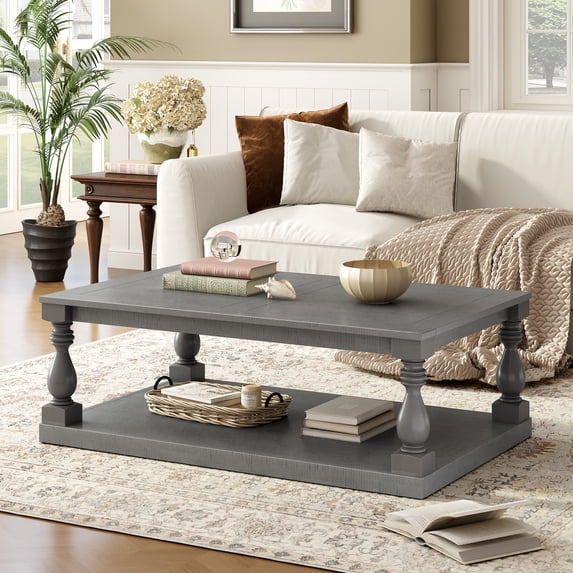 Oufan 43.5” Rectangular Coffee Table with Storage Shelf, Farmhouse Wood Center Table for Living Room, Modern 2-Tier Tea Table with Open Shelf, Gray