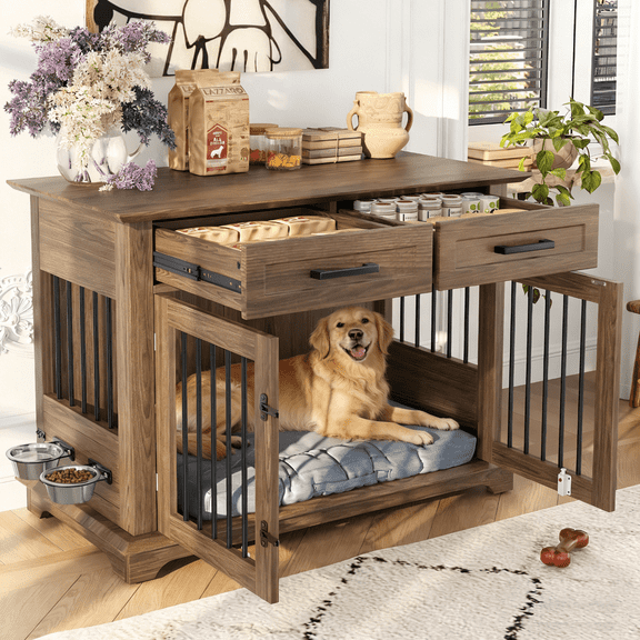 Oufan 44.48" Dog Crate, Wooden Dog Kennel End Table with 2 Doors, 2 Storage Drawers & Rotating Bowls, Large Decorative Dog House for Medium Dogs