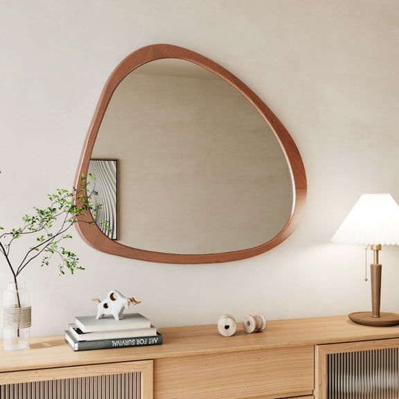 Oufan 45" Irregular Mirror, Solid Wood Frame Wall Decor Mirror, Farmhouse Wall-Mounted Mirror for Living Room, Bedroom, Hallway, Bathroom, Brown