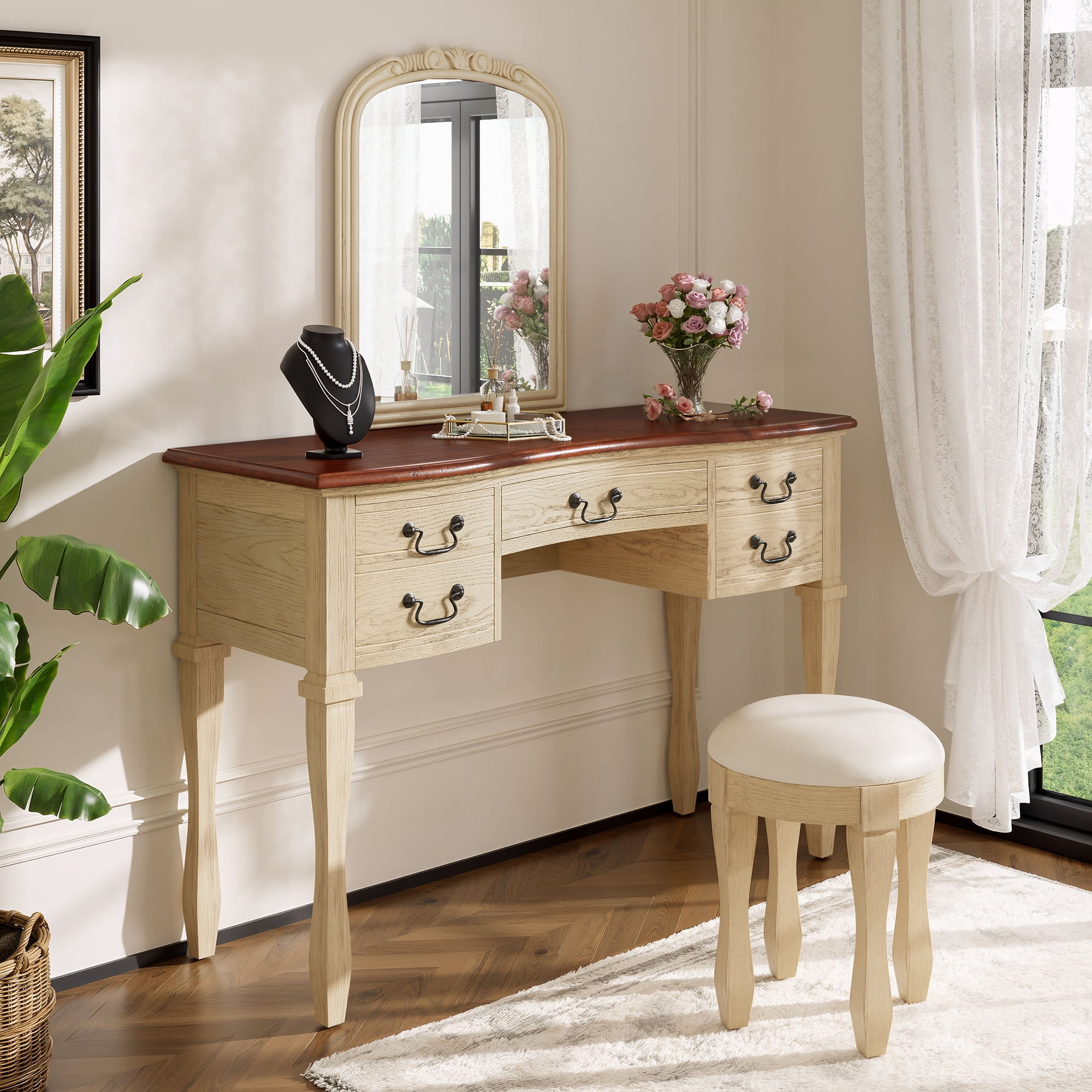 small retro dressing table Tribesigns Vanity Desk with Drawers, 47" White Vintage Makeup Vanity Table for Bedroom, Wooden Antique Dressing Table for Women, Girls (Without