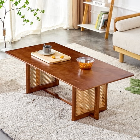 Oufan 47.24" Chinese Style Coffee Table, Wooden Tea Table with Rattan Legs, Farmhouse Rectangular Low Table for Living Room
