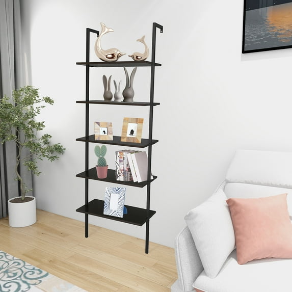 Oufan 5-Shelf Wood Ladder Bookcase with Metal Frame, Industrial 5-Tier Modern Ladder Shelf Wood Shelves,Dark Walnut