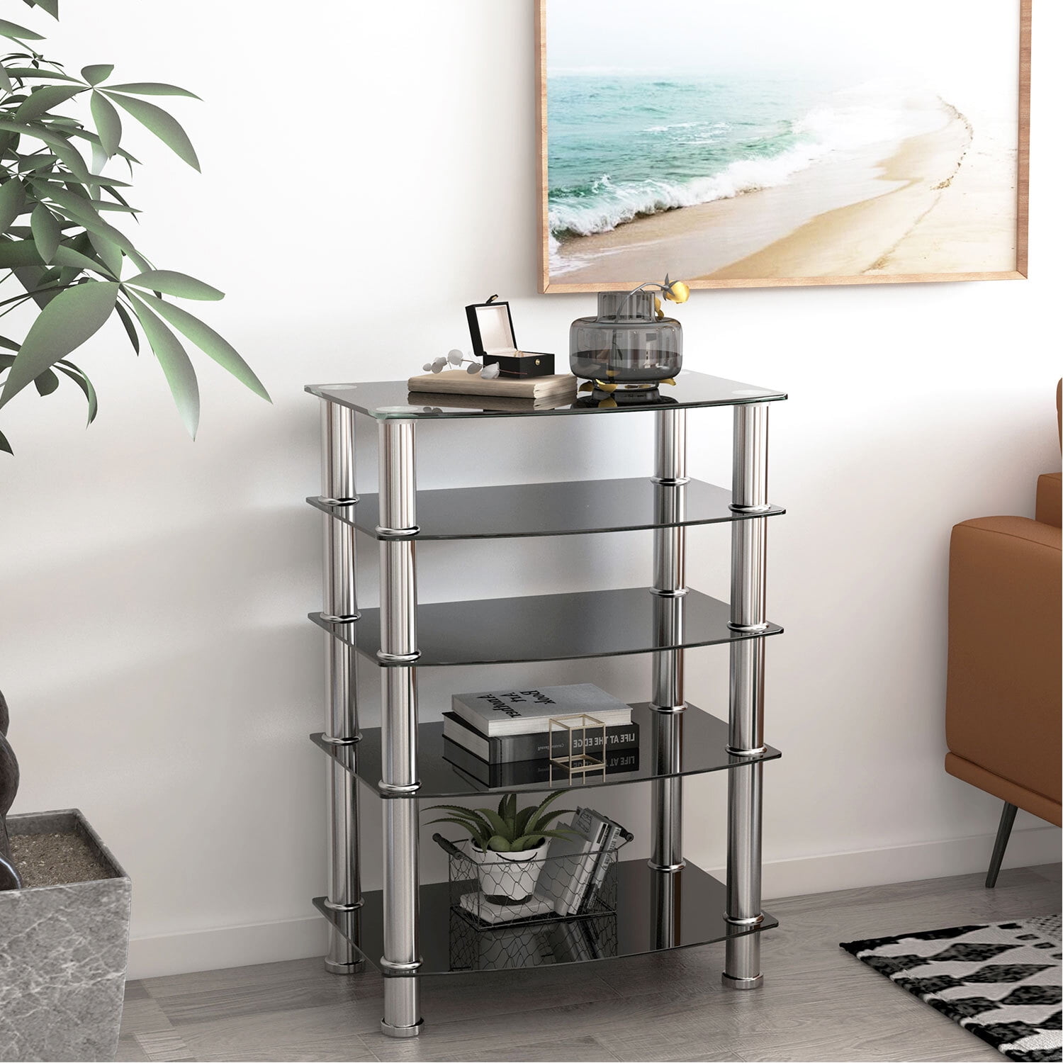 Black 5-Tier Tempered Glass and Stainless Steel Side Table