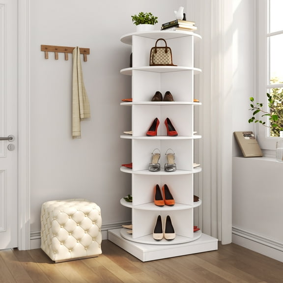 Oufan 6 Tier Rotating Shoe Rack Tower, Spinning Shoe Display Lazy Susan, Revolving 360 Shoe Rack Storage Round Carousel, Vertical Handbag Rotate Shoes Closet Organization, White