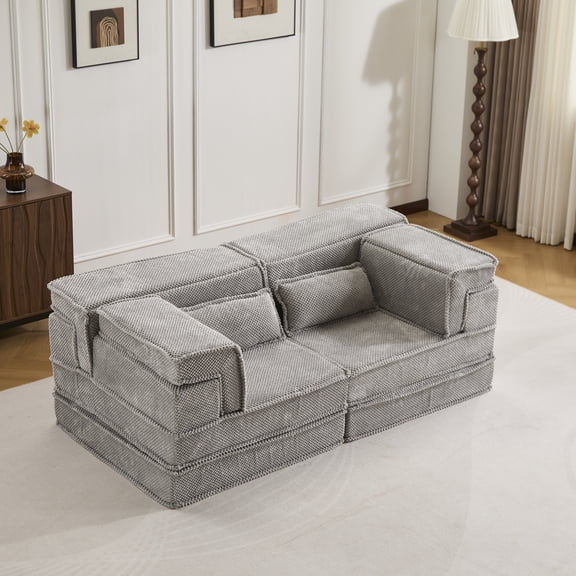 Oufan 78.74" Compression Mahjong Loveseat, 3-Seater Sofa with Deep Seat, Floor Sofa with Pillow, Boneless Modular Sofa for Living Room, Bedroom, No Assembly Required