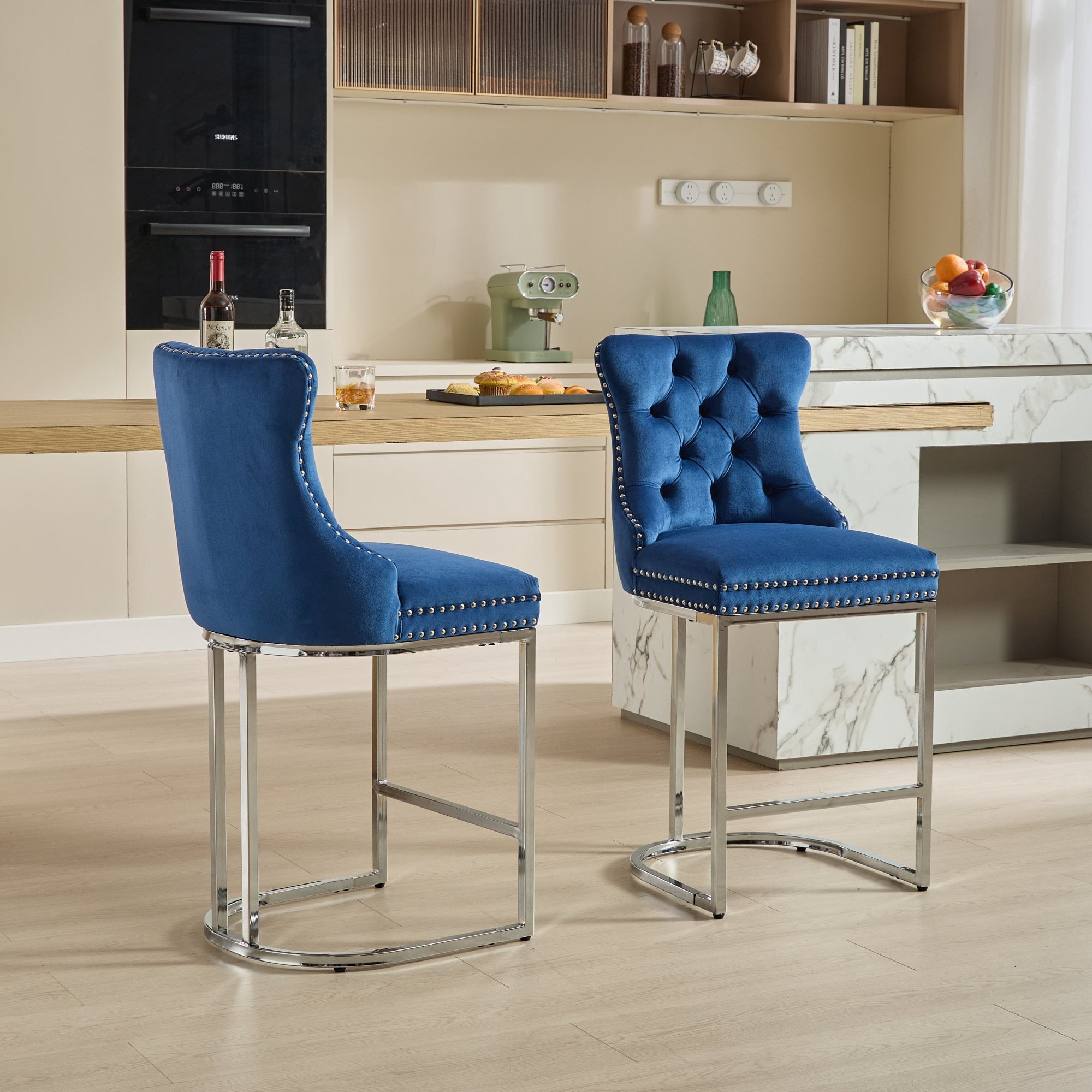 Oufan Bar Stools Set of 2, Velvet Counter Height Barstools w/ Button ...