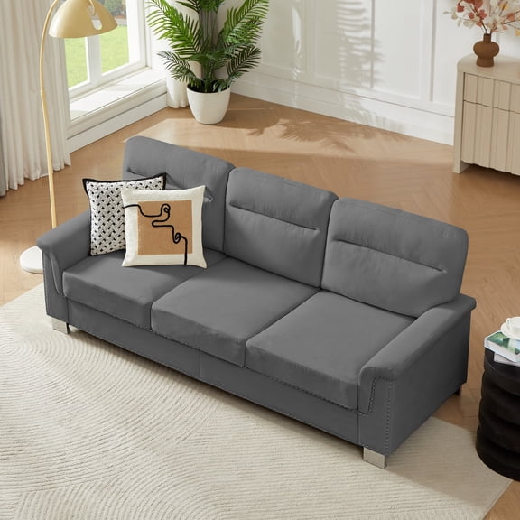 Oufan Chesterfield Compressed Snowfleece Fabric 3-Seater Sofa, Sectional Sofa with Rolled Arms for Living Room