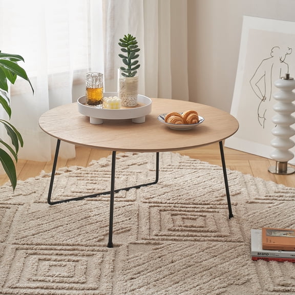 Oufan Coffee Table, 31.5" Coffee Tables for Living Room, Round Coffee Table with Metal Legs, Floor Table for Sitting on The Floor, Home, Office, Natural