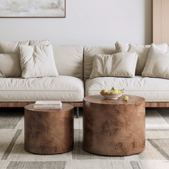 Oufan Coffee Table Set of 2, Farmhouse Wood Nesting Round Accent Tables w/ Unique Texture, End Table, Side Tables for Living Room, Bedroom, Balcony