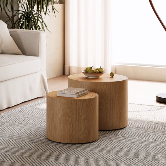 Oufan Coffee Table Set of 2, Farmhouse Wood Nesting Round Accent Tables w/ Unique Texture, End Table, Side Tables for Living Room, Bedroom, Balcony