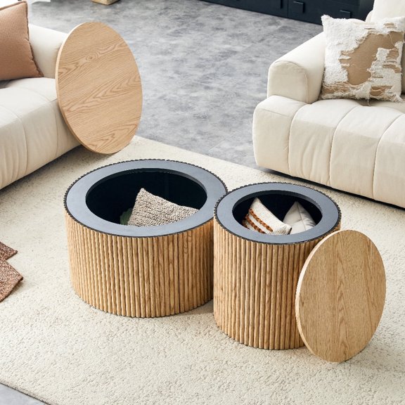 Oufan Coffee Table Set of 2, Wooden Center Table with Roman Column Design & Built-in Storage, Side Tables for Living Room, Bedroom