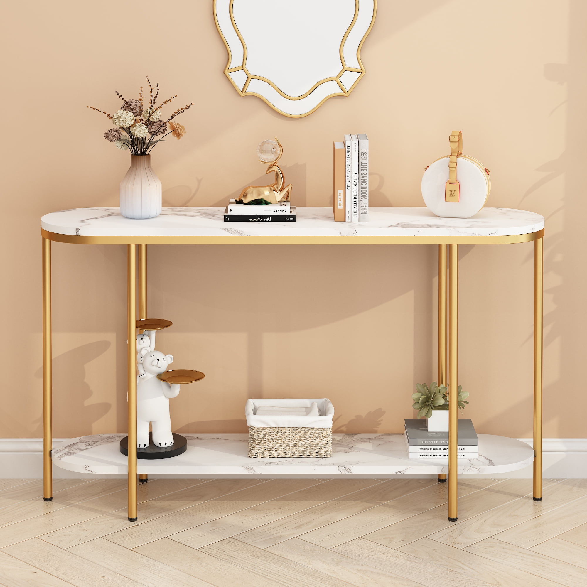 Oufan Console Table 2 Tier Narrow Entryway Table with Storage Shelves