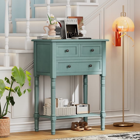 Oufan Console Table with 3 Drawers, Narrow Entryway Table with Bottom Storage Shelf, Accent Sofa Table for Living Room, Entrance, Hallway, Couch, Easy Assembly, Green