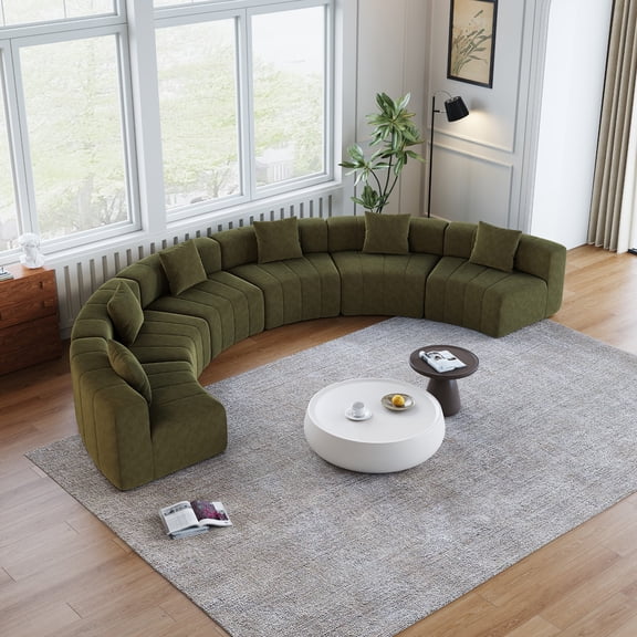 Oufan Curved Sectional Sofa, Chenille Loveseat w/ 6 Pillows&Low Back, Symmetrical Modular Semi Circular Sofa, 6-Seater Couch Sofa for Living Room