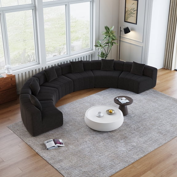 Oufan Curved Sectional Sofa, Chenille Loveseat w/ 6 Pillows&Low Back, Symmetrical Modular Semi Circular Sofa, 6-Seater Couch Sofa for Living Room