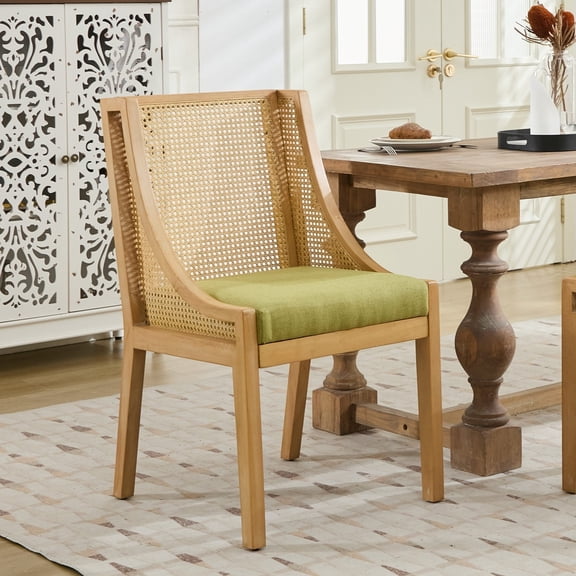 Oufan Dining Chair, Solid Wood Frame Side Chair with Rattan Backrest & Upholstered Seat, Farmhouse Kitchen Armchair for Dining Room, Living Room