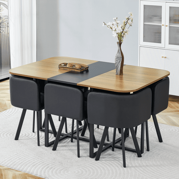 Oufan Dining Table Set of 6, Melamine Board Dining Table with 6 PU Cushioned Chairs, Space Saving Dining Table Set for Kitchen, Dining Room