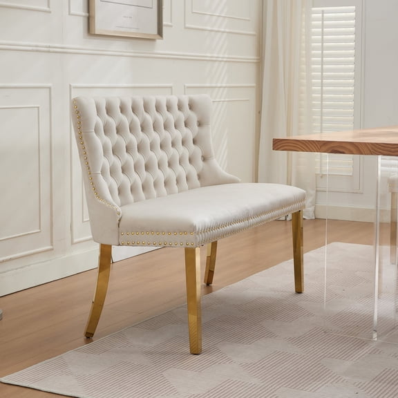 Oufan Double Tufted Dining Chair, Velvet Loveseat Bench with Nailhead Trim & Upholstered, Mid Century 2-Seat Chair for Dining Room, Living Room