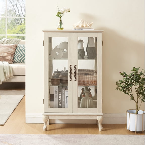 Oufan Farmhouse Antique cabinet, Wood Display Cabinet with 2 Glass Doors & Adjustable Shelves, 3-Tier Storage Organizer for Living Room, Kitchen