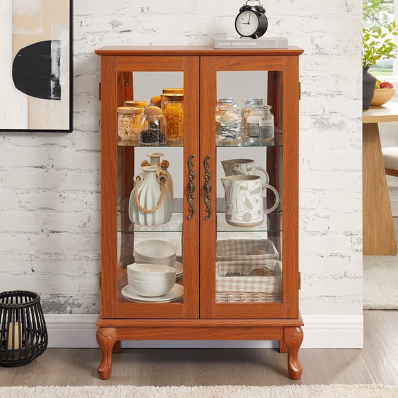 Oufan Farmhouse Antique cabinet, Wood Display Cabinet with 2 Glass Doors & Adjustable Shelves, 3-Tier Storage Organizer for Living Room, Kitchen