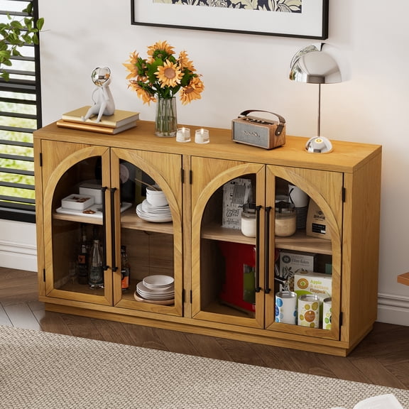 Oufan Farmhouse Large Storage Sideboard with 4 Glass Arched Doors, Wooden Buffet Cabinet with Adjustable Shelves for Kitchen, Dining Room