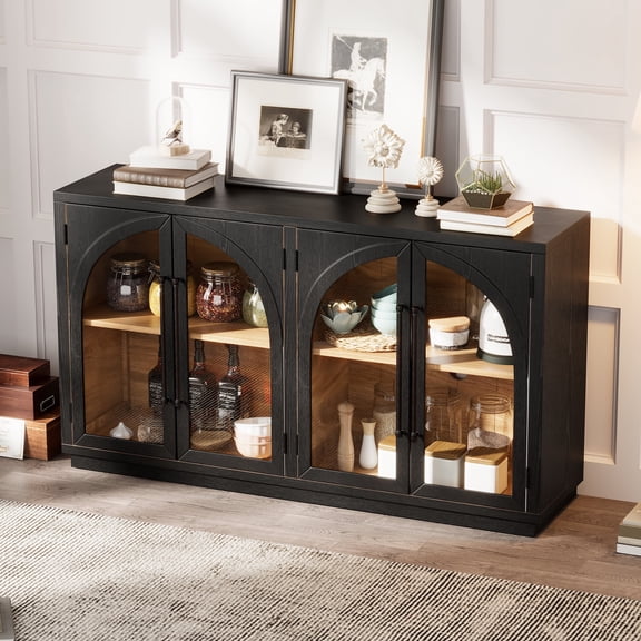 Oufan Farmhouse Large Storage Sideboard with 4 Glass Arched Doors, Wooden Buffet Cabinet with Adjustable Shelves for Kitchen, Dining Room