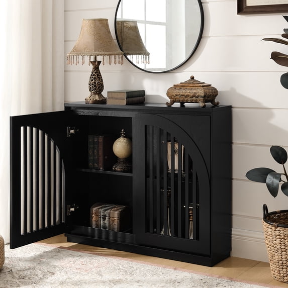 Oufan Farmhouse Sideboard Cabinet, Wooden Buffet Cabinet with 2 Fluted Doors & 2 Outlet Holes, Narrow Coffee Bar Cabinet for Living Room, Kitchen