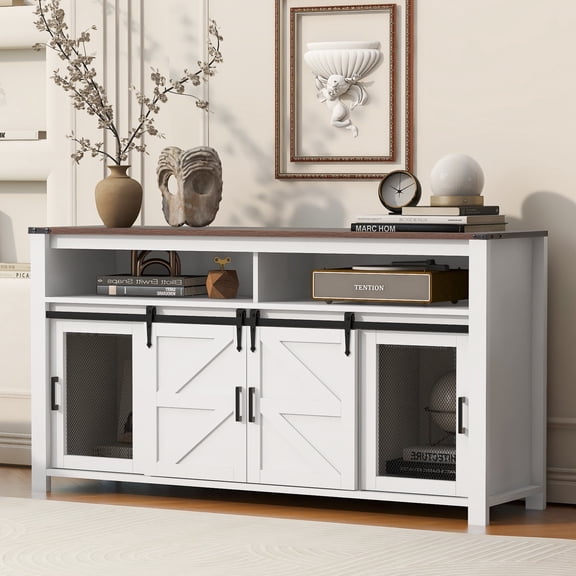 Oufan Farmhouse Sideboard with Sliding Barn Door & Mesh Panels, Wooden Buffet with Open Storage, Kitchen Cabinet for Living Room, Kitchen