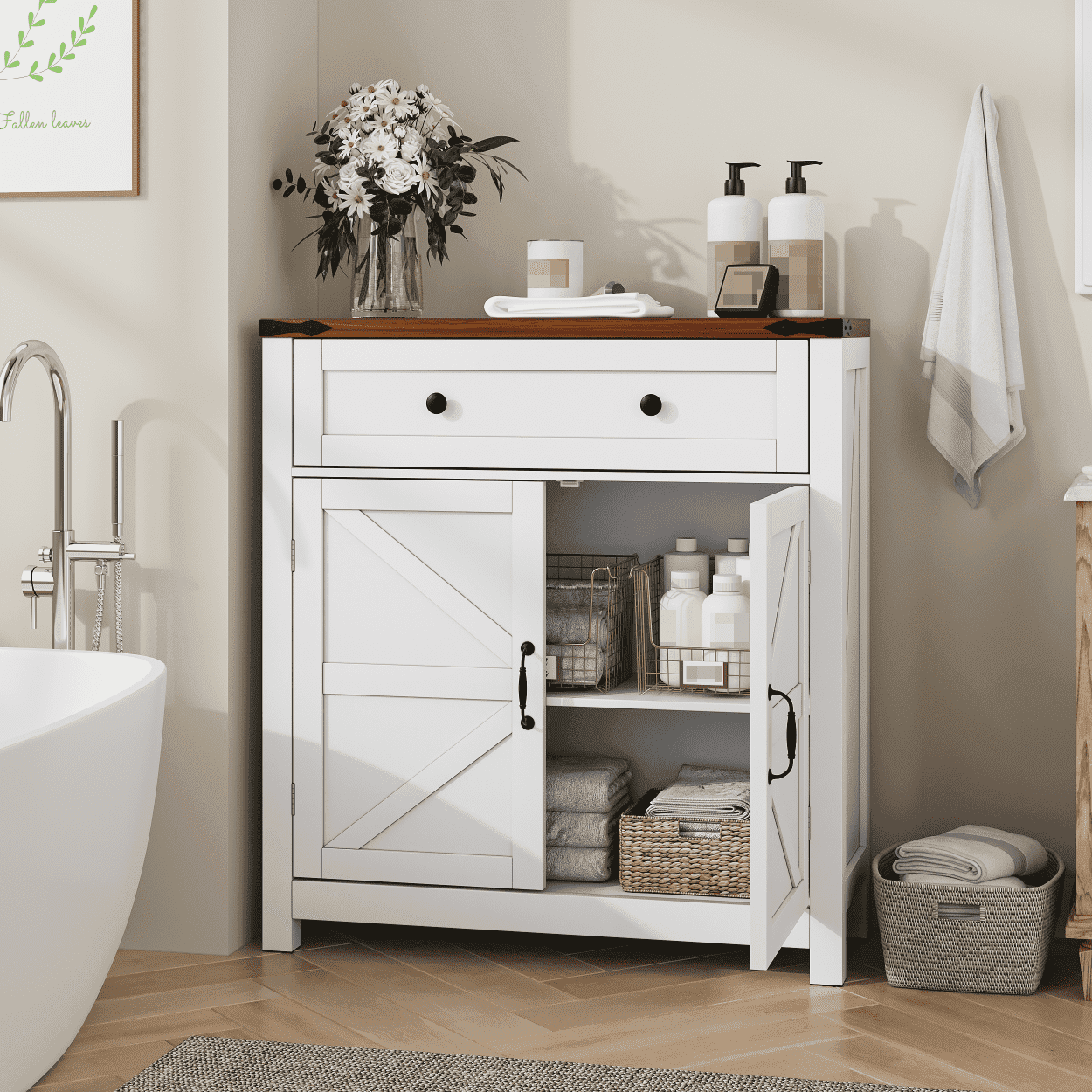 Oufan Farmhouse Storage Cabinet with Drawer and 2 Doors, Adjustable Shelf Freestanding Kitchen Pantry Cabinet, Modern Coffee Bar Console Cabinet for Kitchen,Living Room,Bedroom, White