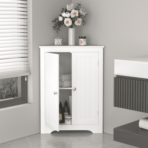 Oufan Floor Corner Cabinet with 2 Doors and Adjustable Shelves, Freestanding Narrow Cabinet Organizer, Corner Storage Cabinets for Bathroom, Kitchen, Living Room, or Bedroom, White
