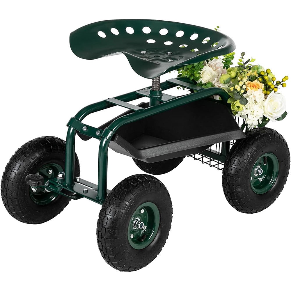 Green Steel Rolling Garden Cart with Adjustable Swivel Seat and Tool Tray
