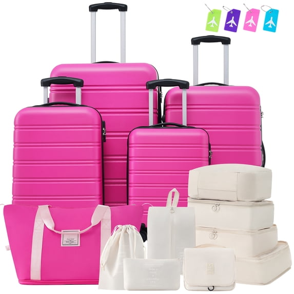 Oufan Hardshell Luggage Sets 3 Pieces with TSA Lock, Lightweight Luggage Travel Set with Spinner, 24IN+Handbag+Cosmetic Case, White