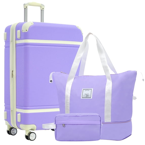 Oufan Hardshell Luggage Sets 3 Pieces with TSA Lock, Lightweight Luggage Travel Set with Spinner, 28IN+Handbag+Cosmetic Case, Purple