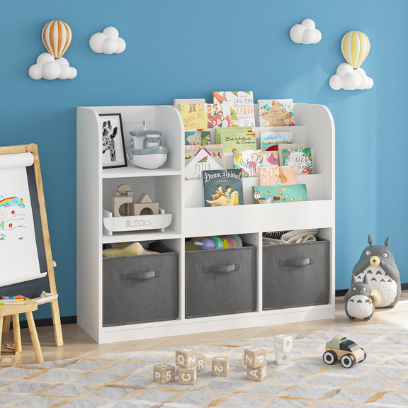 Oufan Kids Bookcase with 3 Collapsible Fabric Drawers, Children's Toy Storage Cabinet , 3 -Tier Book Toy Shelves for Playroom, Bedroom, Nursery, School (White/Gray)