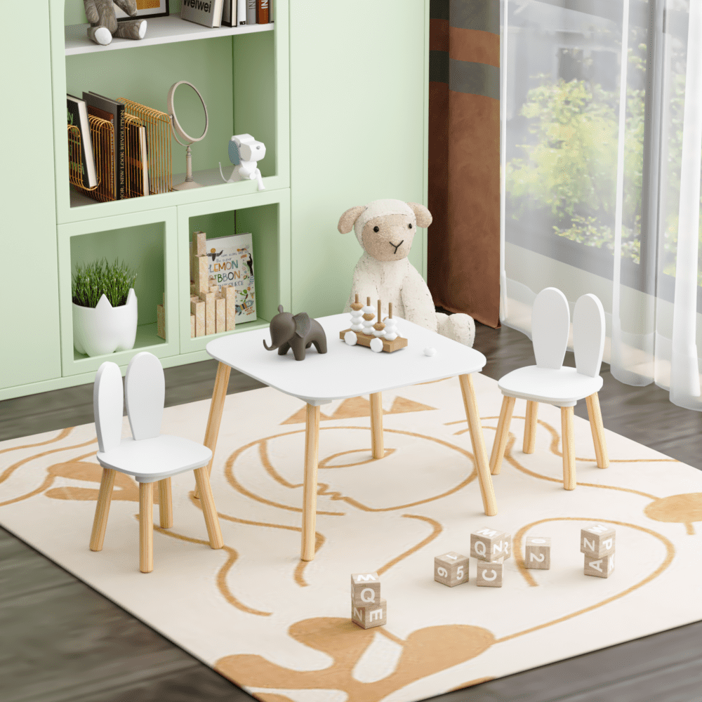 Oufan Kids Table and 2 Chairs Set, 3 Pieces Rabbit Themed Toddler Table and Chair Set , for Daycare and Classrooms, Children's Activity Table and Chairs Set, White