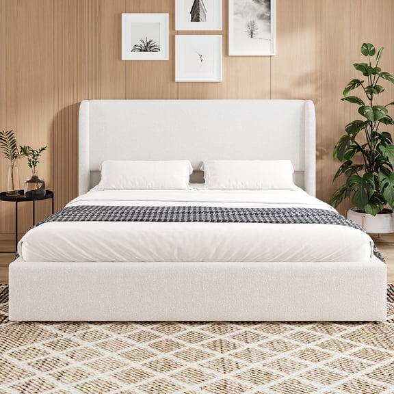 Oufan King Size Bed Frame, Boucle Cloud Bed Frame with Headboard & Solid Wood Legs, No Box Spring Needed, White