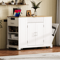 Oufan Kitchen Island with Storage, Rolling Kitchen Island Cart on 5 Wheels, With Internal Storage Rack and Power Outlet, with 3 Drawers and 3 Open Side Racks for 10 Gallon Garbage Bin, White