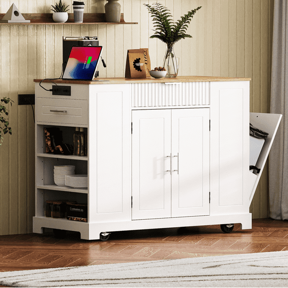 Oufan Kitchen Island with Storage, Rolling Kitchen Island Cart on 5 Wheels, With Internal Storage Rack and Power Outlet, with 3 Drawers and 3 Open Side Racks for 10 Gallon Garbage Bin, White