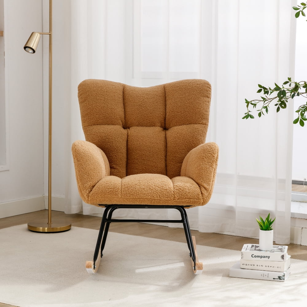 Oufan Leisure Rocking Chair With Upholstered, Teddy Fabric Nursery Rocking Chair with High Backrest & Solid Wood Frame for Living Room, Bedroom