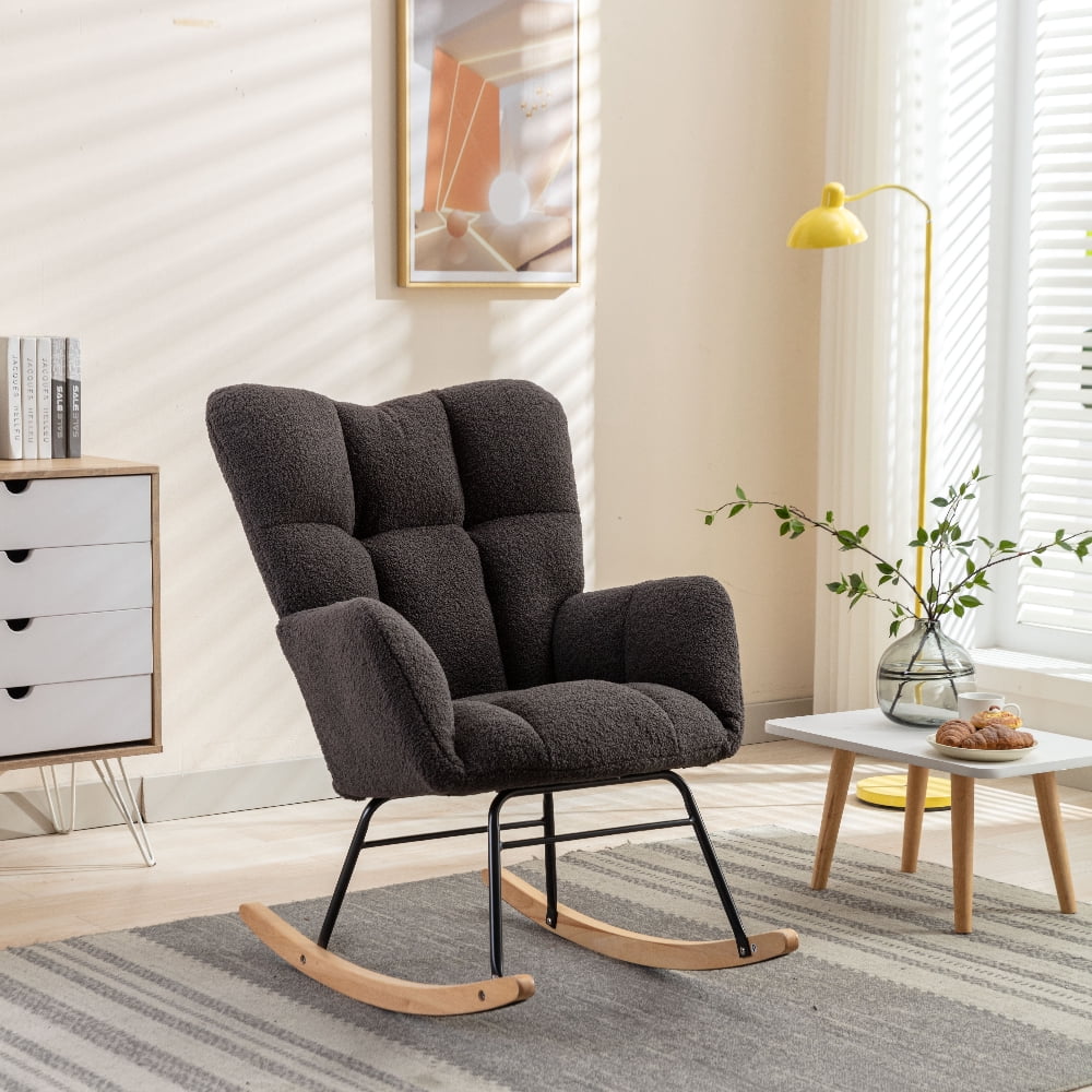 Oufan Leisure Rocking Chair With Upholstered, Teddy Fabric Nursery Rocking Chair with High Backrest & Solid Wood Frame for Living Room, Bedroom