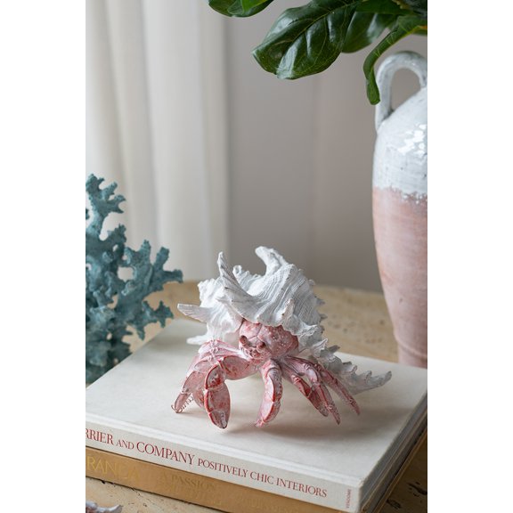 Oufan Lifelike Hermit Crab Figurine with White Shell, Coastal-Style Decorative Ornament, 9.3 x 9.3 x 7"