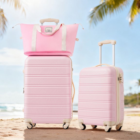 Oufan Luggage Sets 2Pcs with Handbag, Hardshell Suitcases with Spinner Wheels & Combination Lock, Lightweight ABS Expandable Suitcase, (20/24), Light Pink