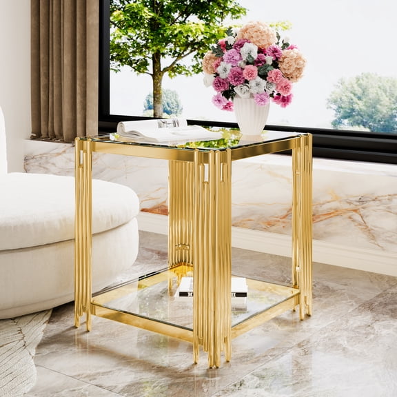 Oufan  Luxury End Table, Tempered Glass Side Table with Lower Shelf & Asymmetrical Metal Frame, Square Sofa Table, Occasional Table for Living Room