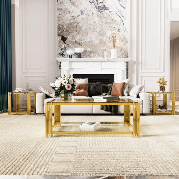 Oufan Luxury Living Room Table Set of 3 with 1 Coffee Table & 2 End Tables, Accent Table Set with Tempered Glass Top & Asymmetrical Metal Frame