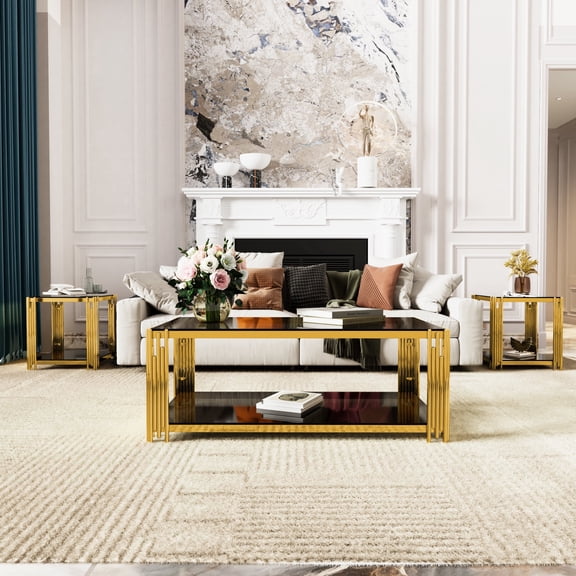 Oufan Luxury Living Room Table Set of 3 with 1 Coffee Table & 2 End Tables, Accent Table Set with Tempered Glass Top & Asymmetrical Metal Frame