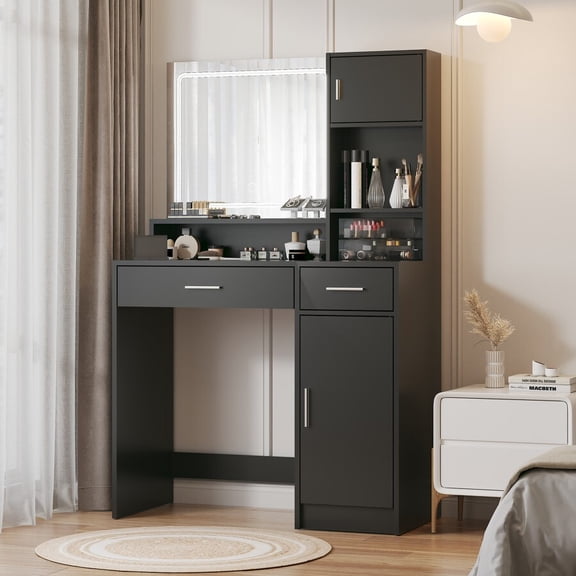 Oufan Makeup Vanity Table, Makeup Table with Mirror and LED Light Strip,Dressing Table with 2 Drawer, 3 Level Storage Dresser & 3 Lighting Modes Adjustable Brightness, Suitable for Bedroom, Black