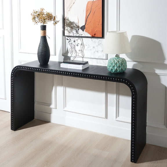 Oufan Mid Century Modern Console Table, Wooden Curved Entrance Table with Wood Beads for Hallway, Living Room, Foyer, Corridor
