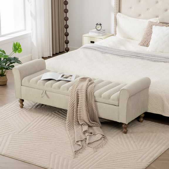 Oufan Mid Century Ottoman Bench w/ Storage, Fabric Upholstered Foot Rest w/ Rolled Armrest&Rubberwood Legs, Bed End Foot Stool for Bedroom, Entryway