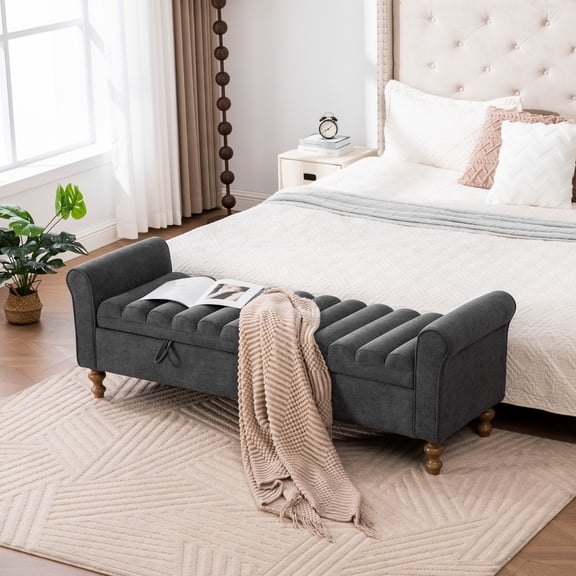 Oufan Mid Century Ottoman Bench w/ Storage, Fabric Upholstered Foot Rest w/ Rolled Armrest&Rubberwood Legs, Bed End Foot Stool for Bedroom, Entryway