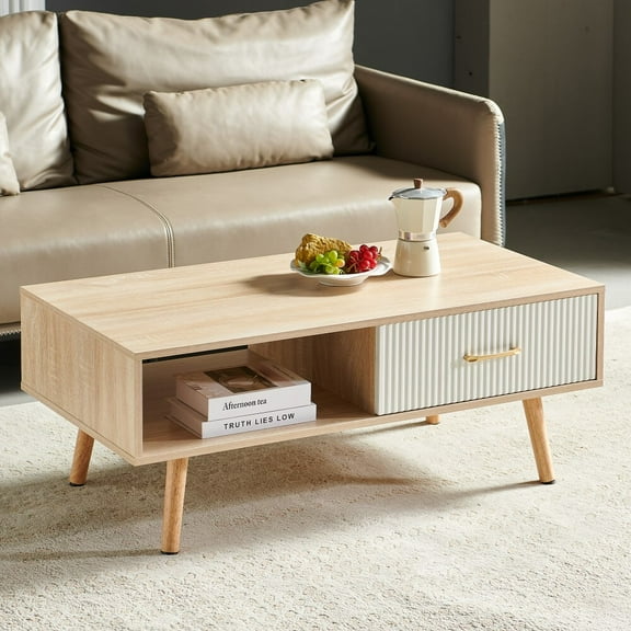 Oufan Mid Century Wooden Coffee Table with Stripe Drawer，Modern 41" Large Center Table with Storage，Rectangular Wood Coffee Tables for Living Room, 2-Tier Cocktail Table, Solid Wood Legs, Natural